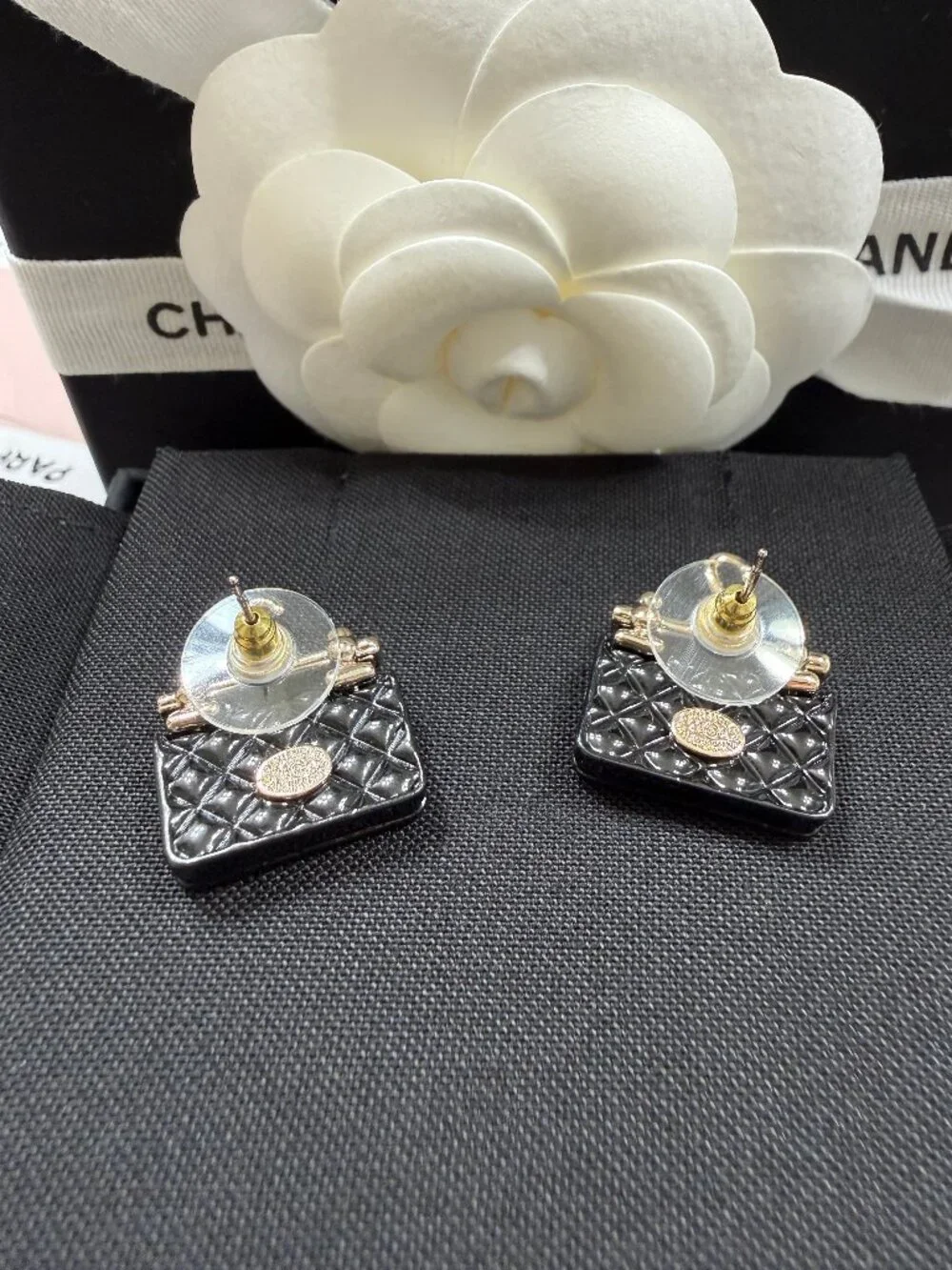CHANEL Black Quilted Bag Hanger CC Stud Earrings